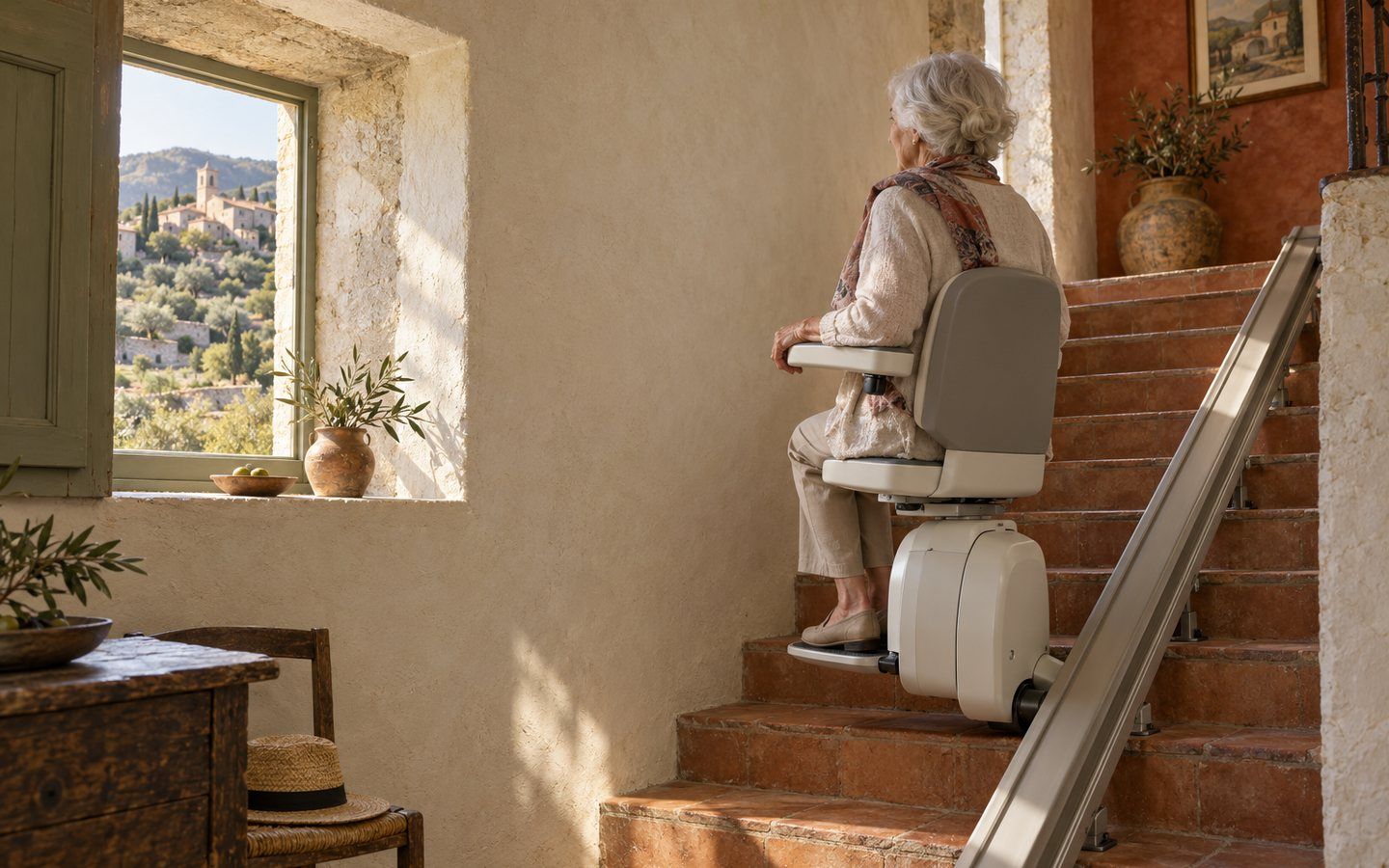 Une femme âgée utilise un monte-escalier dans l’escalier carrelé de tomettes d’une maison de village en pierre