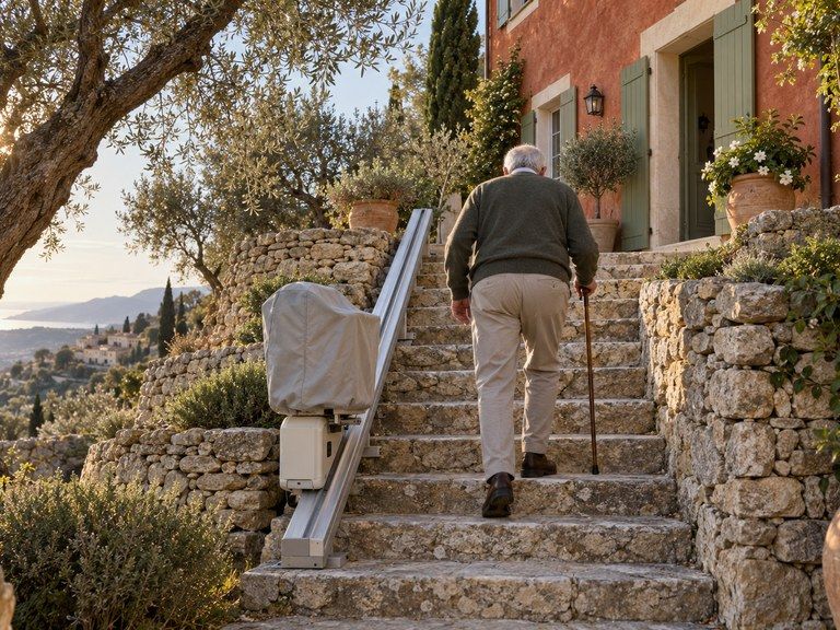 Un monte-escalier extérieur au siège protégé le long de marches en pierre, entre des restanques d’oliviers